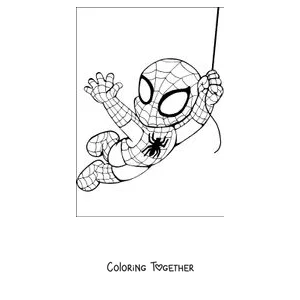 Coloring page of a little Spider-Man hanging and swinging from his web