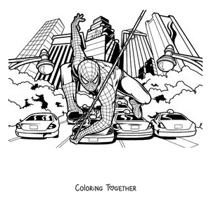 Coloring page of Spider-Man crouching on the cars in a city street