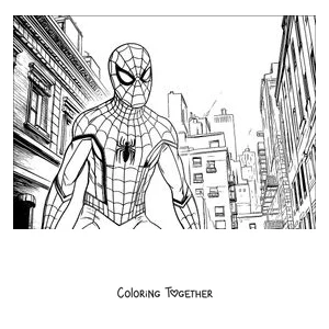 Coloring page of Spider-Man standing in a street surrounded by buildings