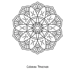 Coloring page of a round spring mandala with long petals and a ring of flowers