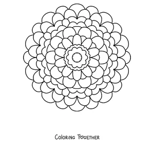 Coloring page of a spring mandala shaped like a round dahlia with many petals