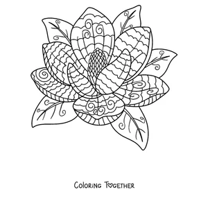 Coloring page of a spring mandala shaped like a magnolia flower with leaves