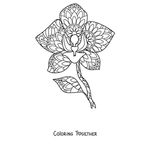 Coloring page of a spring mandala shaped like an orchid with decorated petals