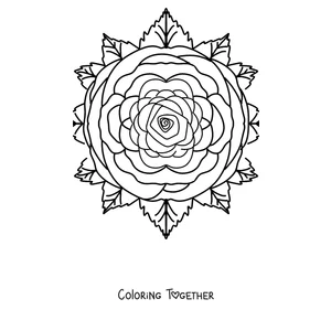 Coloring page of a spring mandala with a rose in the center and leaves around it