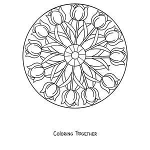 Coloring page of a spring mandala with tulips in a circle around the center