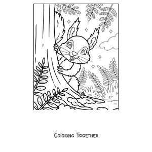 Coloring page of a squirrel climbing up a tree trunk