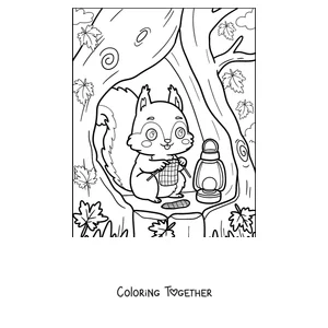 Coloring page of a squirrel in a tree hollow next to a lantern
