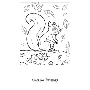 Coloring page of a squirrel among the autumn leaves