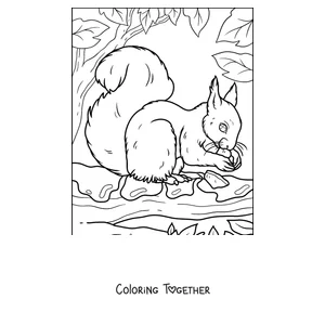 Coloring page of a squirrel looking for nuts on the ground