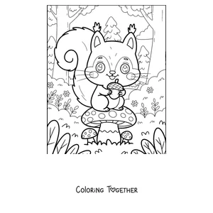 Coloring page of a squirrel sitting on a mushroom with an acorn