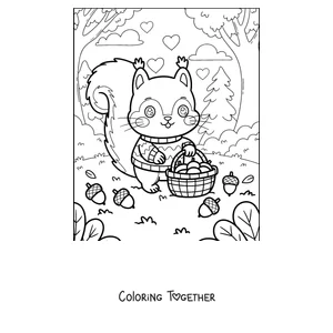 Coloring page of a squirrel in a sweater with a basket of acorns