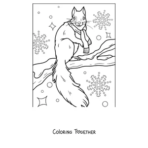 Coloring page of a squirrel with a scarf on a snowy branch