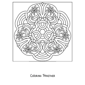 Coloring page of a summer mandala with palm trees, coconuts and waves
