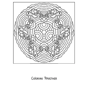 Coloring page of a summer mandala with sea turtles and corals
