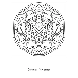 Coloring page of a summer mandala with a sun with long rays and clouds