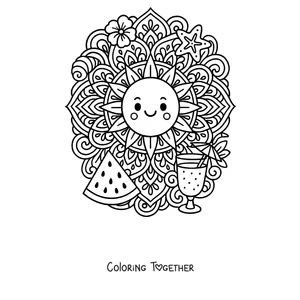 Coloring page of a summer mandala with a smiling sun, watermelon, flower and starfish