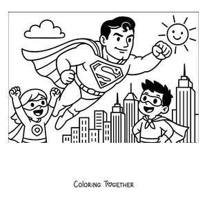 Coloring page of a cartoon Superman flying over the city with two kid superheroes
