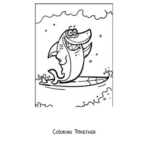 Coloring page of a shark surfing on a wave