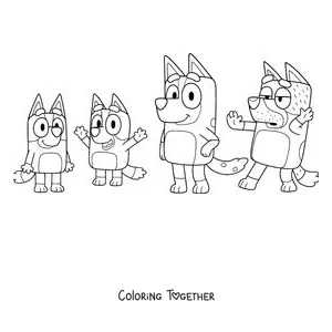 Coloring page of the Heeler family: Bluey, Bingo, Chilli and Bandit