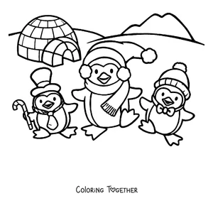 Coloring page of three penguins playing by an igloo