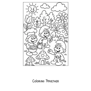 Coloring page of three Smurfs in the village garden