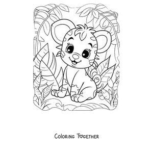Coloring page of a smiling tiger cub sitting in the jungle