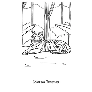 Coloring page of a tiger resting in the jungle