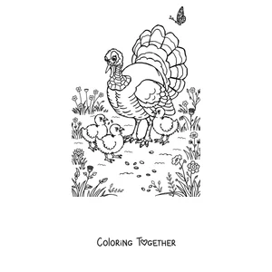 Coloring page of a turkey surrounded by autumn leaves
