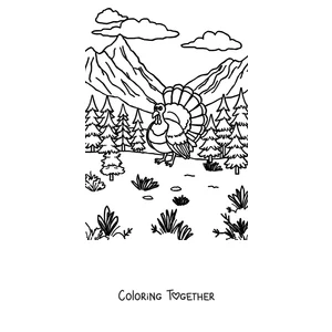 Coloring page of a turkey in a mountain landscape