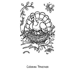 Coloring page of a turkey resting on the grass