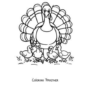Coloring page of a turkey with its chicks beside it