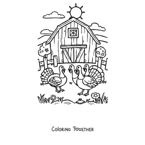 Coloring page of two turkeys in front of the barn