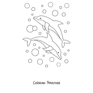 Coloring page of two dolphins swimming among bubbles