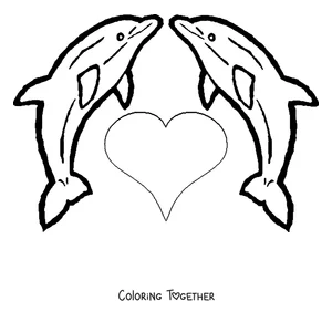Coloring page of two dolphins forming a heart