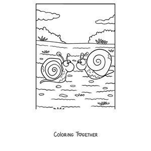 Coloring page of two snails meeting on a path
