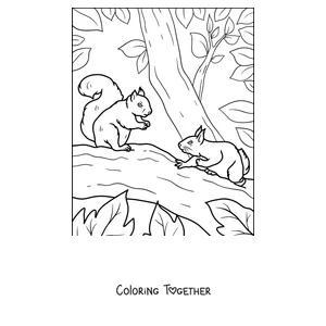 Coloring page of two squirrels playing on a branch