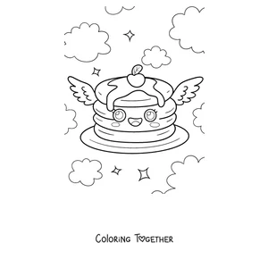 Coloring page of a winged pancake flying in the clouds