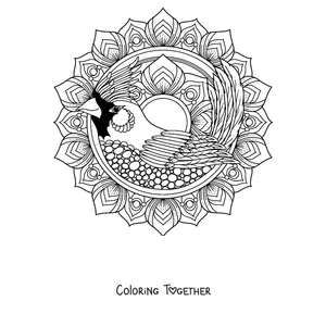Coloring page of a winter mandala with a cardinal bird surrounded by petals