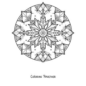 Coloring page of a winter mandala shaped like an ice crystal with stars