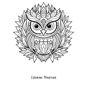 Coloring page of a winter mandala with an owl over leaves and snowflake-shaped figures