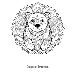Coloring page of a winter mandala with a polar bear's face over circular shapes