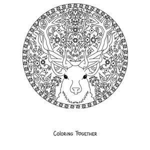 Coloring page of a winter mandala with the head of a reindeer with large antlers