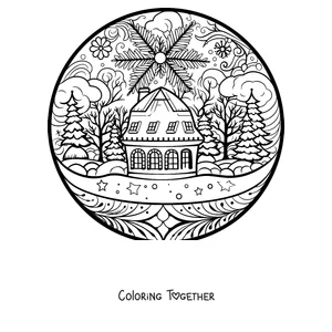 Coloring page of a winter mandala with a snowy cabin and pine trees inside a snow globe