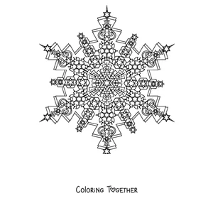 Coloring page of a winter mandala shaped like a very detailed six-armed snowflake