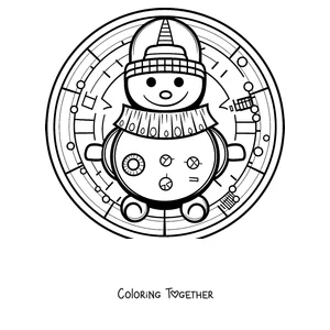 Coloring page of a winter mandala with a snowman wearing a hat and scarf inside a circle